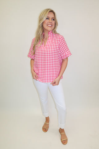 Check This Out Pink Gingham Ruffle Neck Blouse - The Pink Tulip Clothing