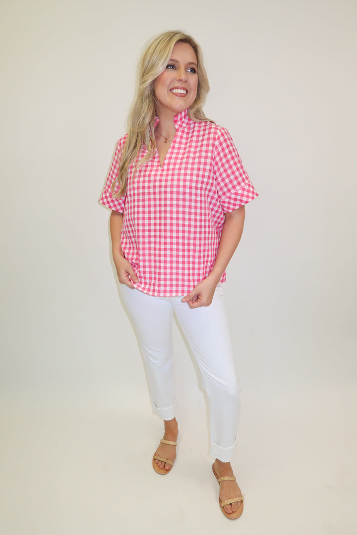 Check This Out Pink Gingham Ruffle Neck Blouse