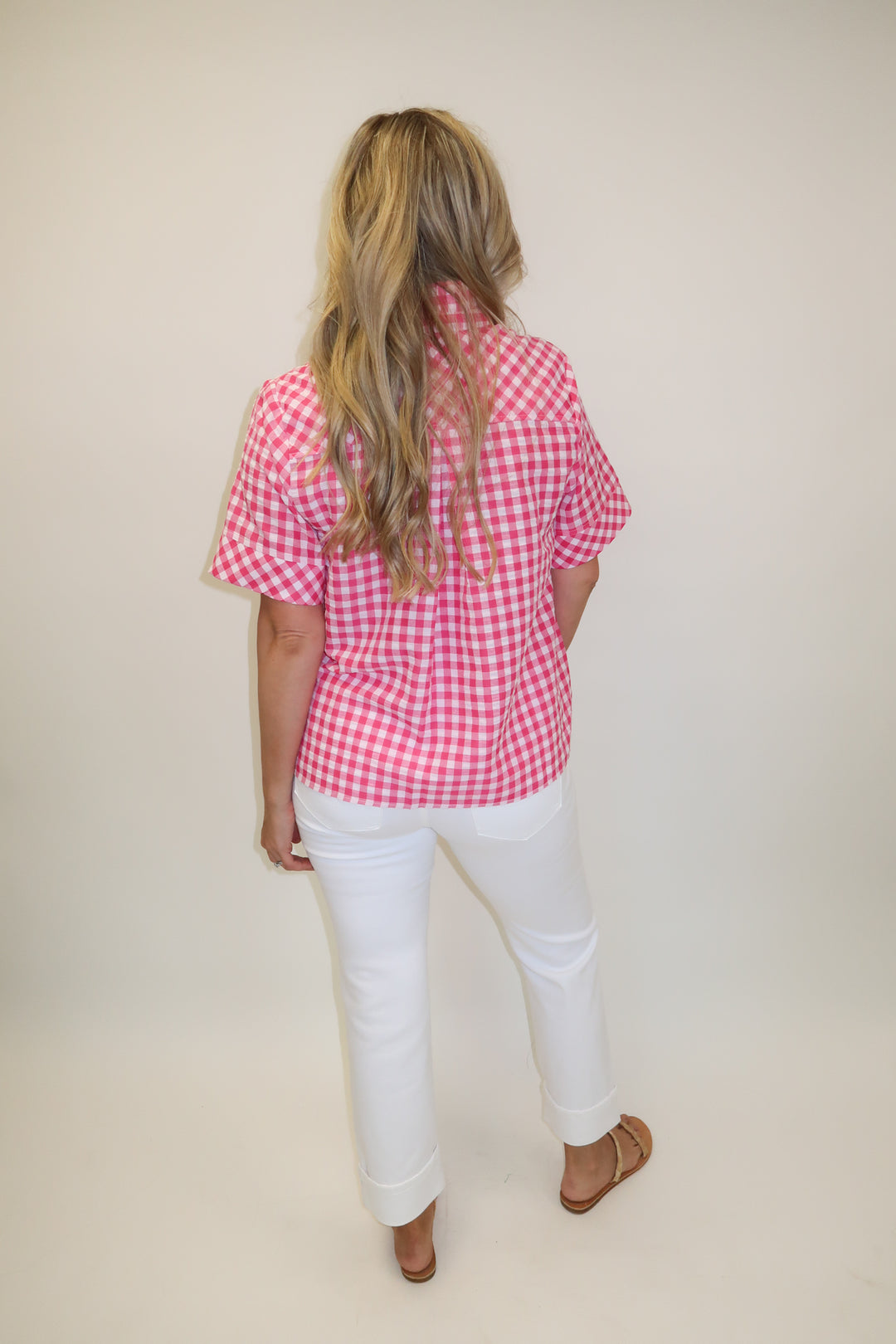 Check This Out Pink Gingham Ruffle Neck Blouse
