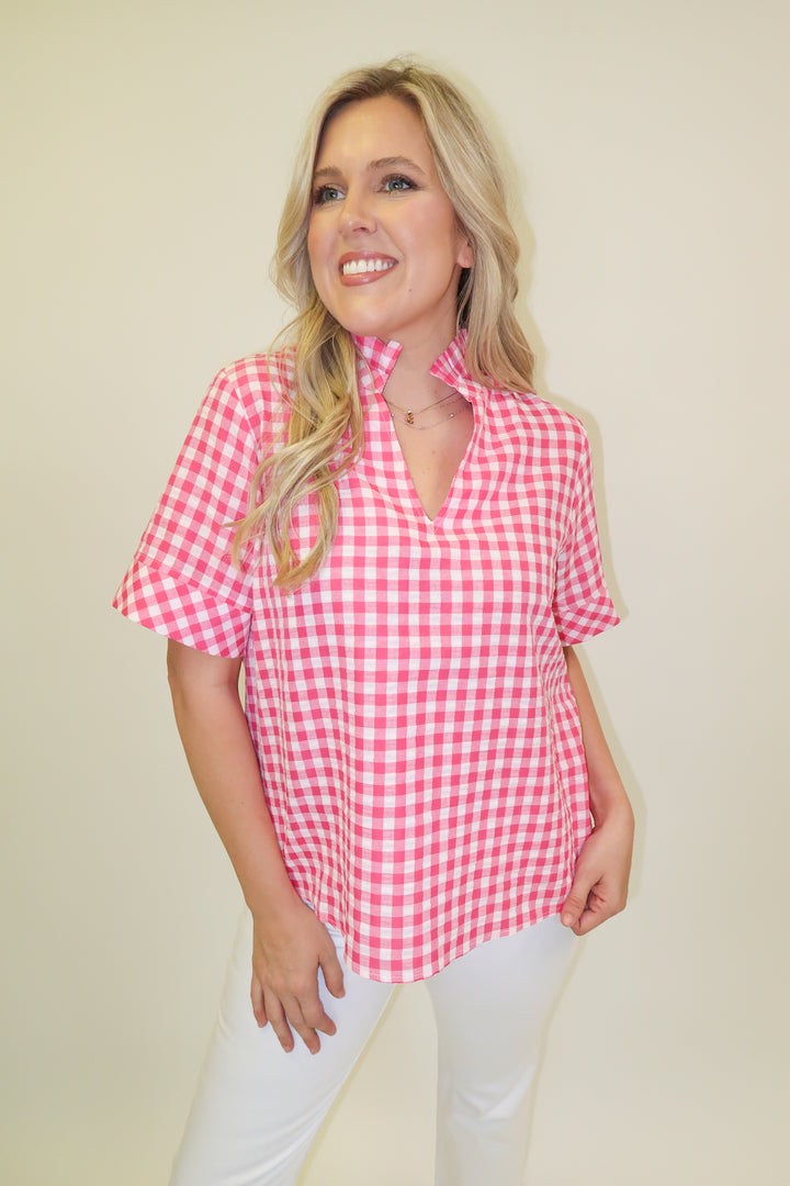 Check This Out Pink Gingham Ruffle Neck Blouse
