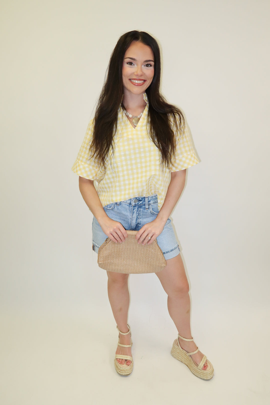 Check This Out Lemon Gingham Ruffle Neck Blouse - The Pink Tulip Clothing