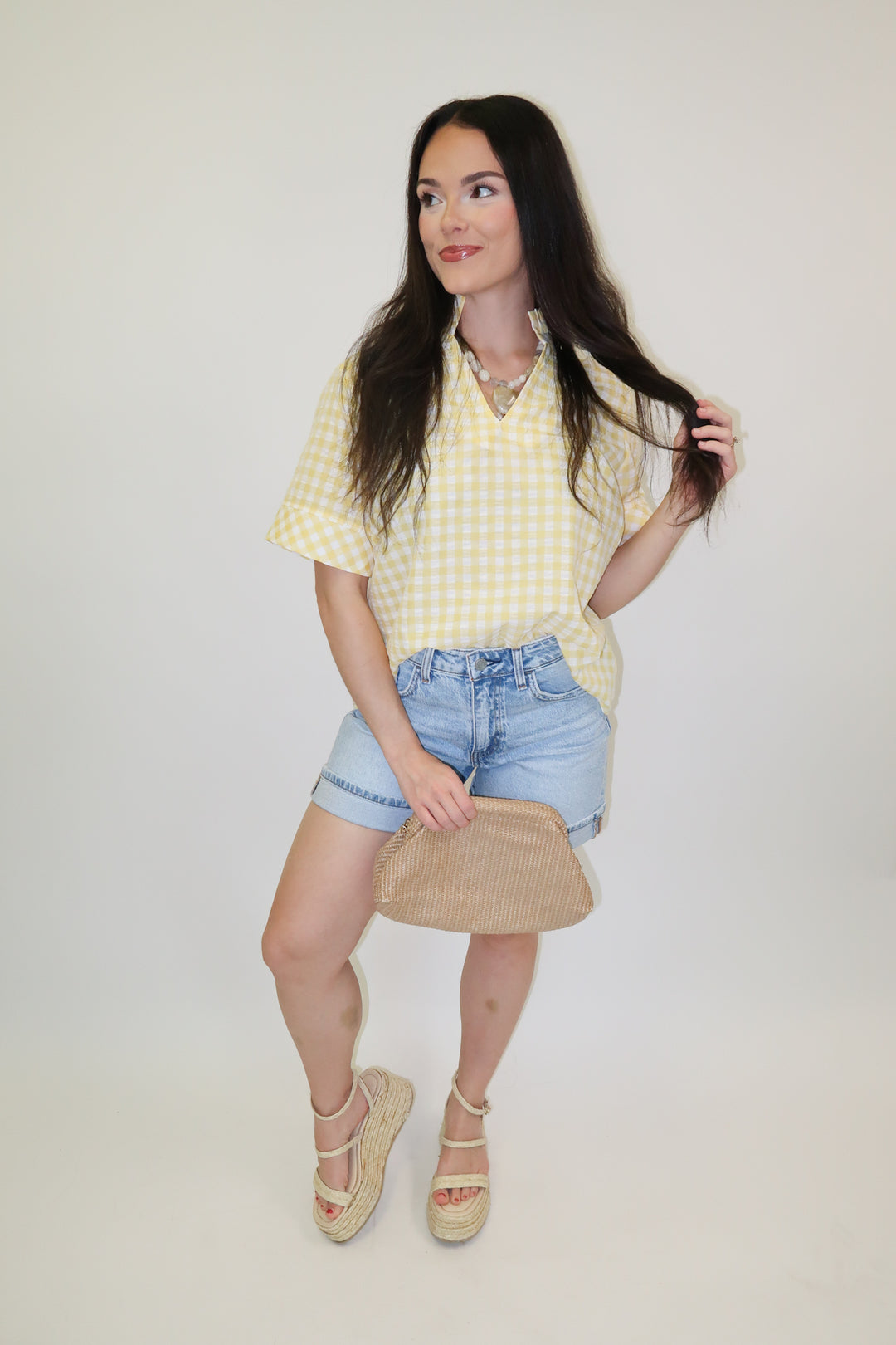 Check This Out Lemon Gingham Ruffle Neck Blouse - The Pink Tulip Clothing