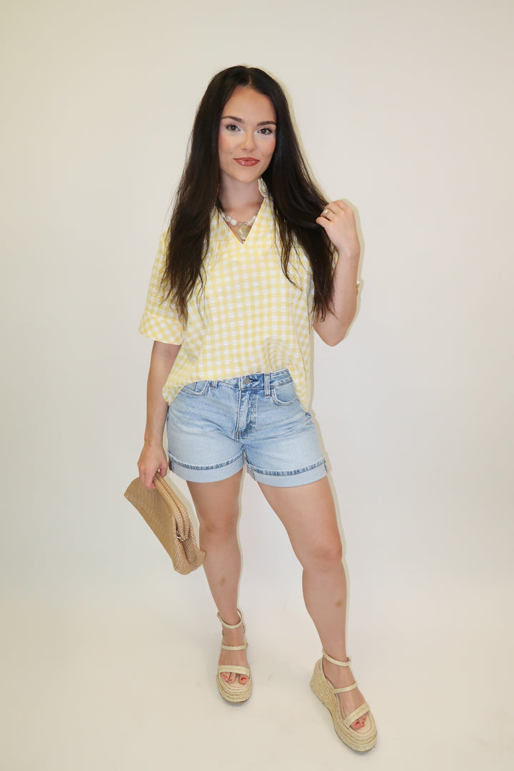 Check This Out Lemon Gingham Ruffle Neck Blouse - The Pink Tulip Clothing
