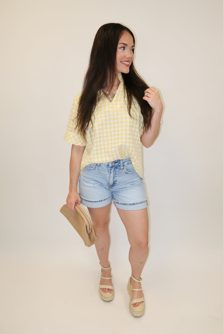 Check This Out Lemon Gingham Ruffle Neck Blouse - The Pink Tulip Clothing