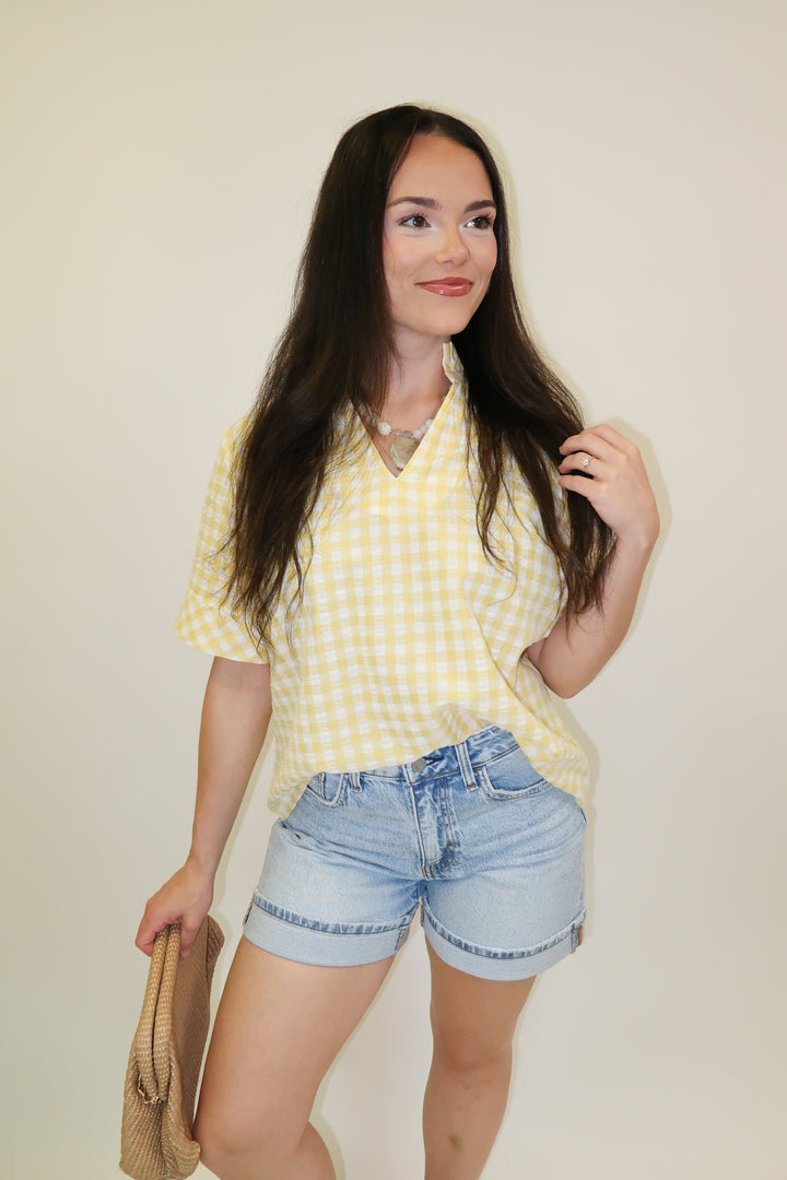 Check This Out Lemon Gingham Ruffle Neck Blouse - The Pink Tulip Clothing