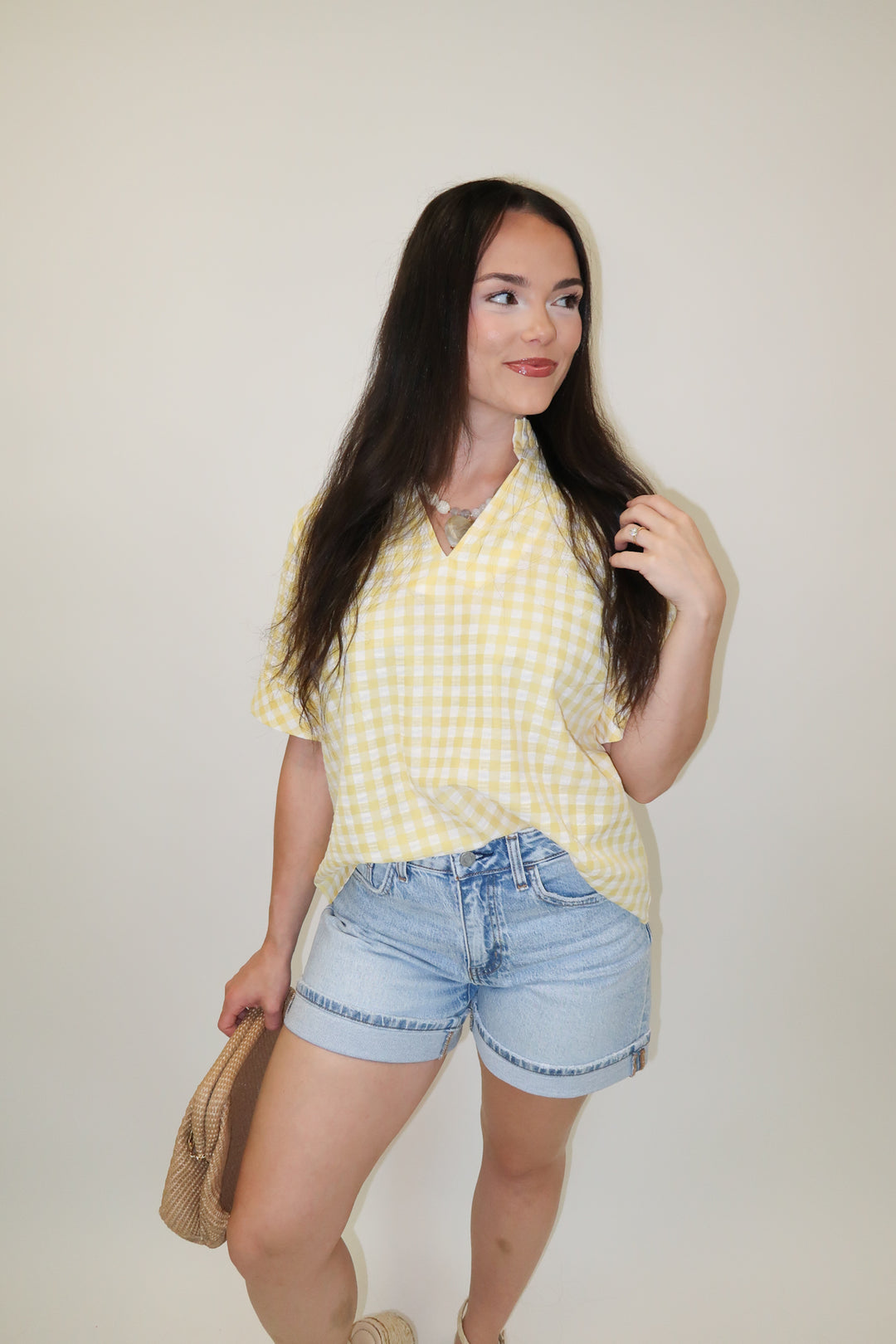 Check This Out Lemon Gingham Ruffle Neck Blouse - The Pink Tulip Clothing