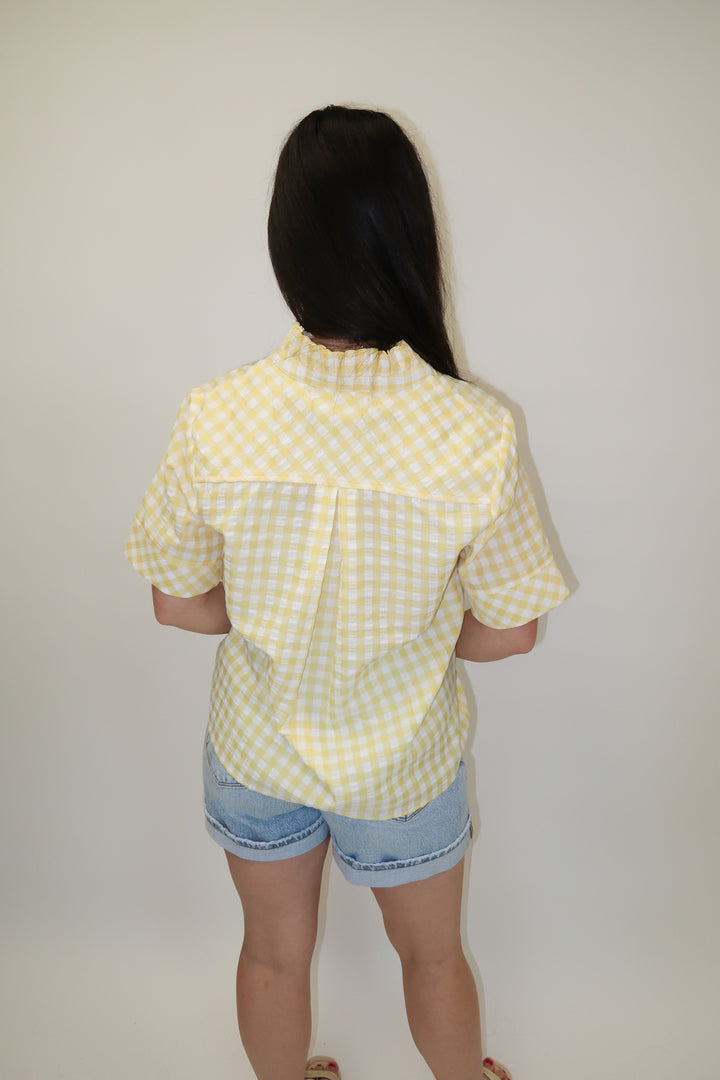 Check This Out Lemon Gingham Ruffle Neck Blouse - The Pink Tulip Clothing