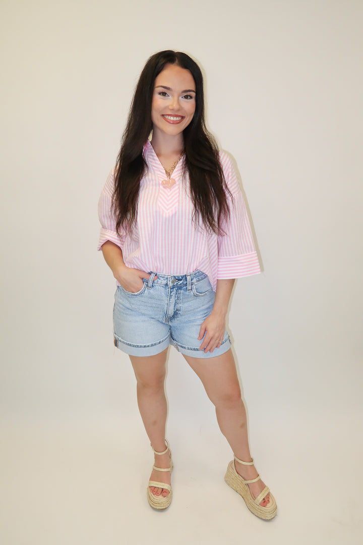 Set the Tone Pink Stripe Collared Top - The Pink Tulip Clothing