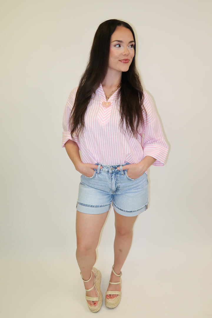 Set the Tone Pink Stripe Collared Top - The Pink Tulip Clothing