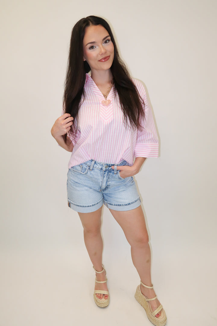 Set the Tone Pink Stripe Collared Top - The Pink Tulip Clothing