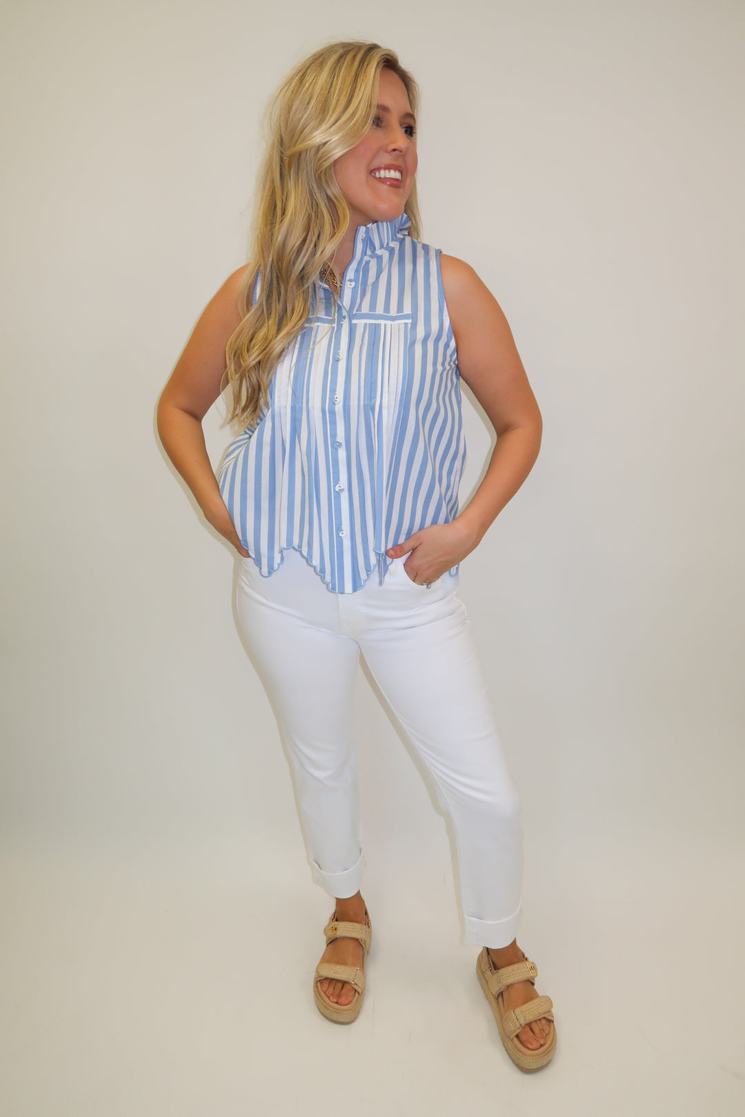 Fine Line Blue Stripe Scallop Top - The Pink Tulip Clothing
