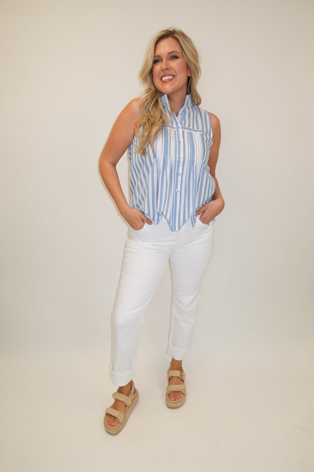 Fine Line Blue Stripe Scallop Top - The Pink Tulip Clothing