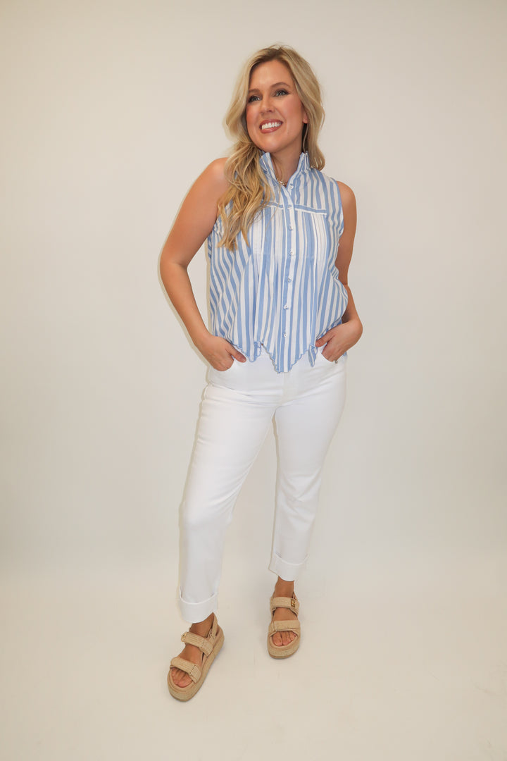 Fine Line Blue Stripe Scallop Top - The Pink Tulip Clothing
