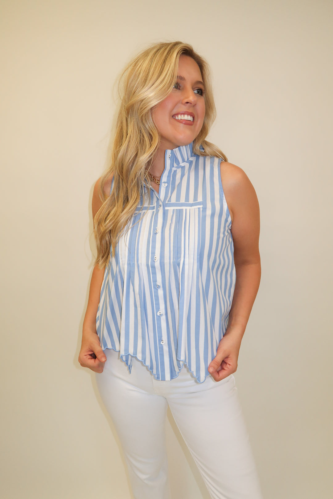 Fine Line Blue Stripe Scallop Top - The Pink Tulip Clothing