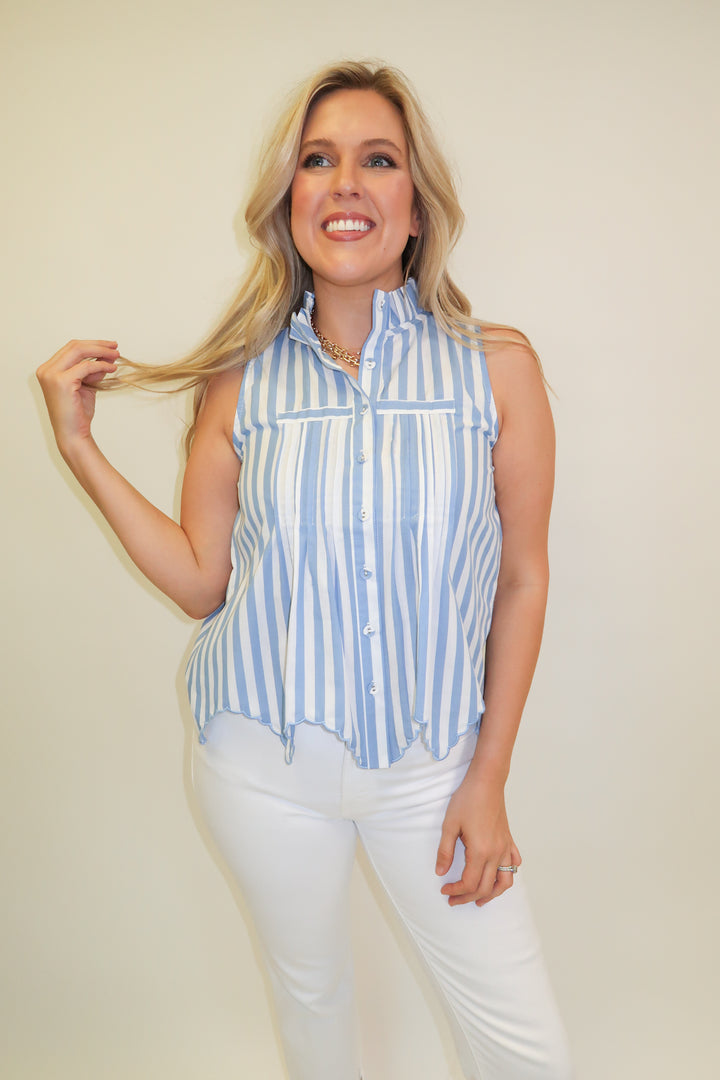 Fine Line Blue Stripe Scallop Top - The Pink Tulip Clothing