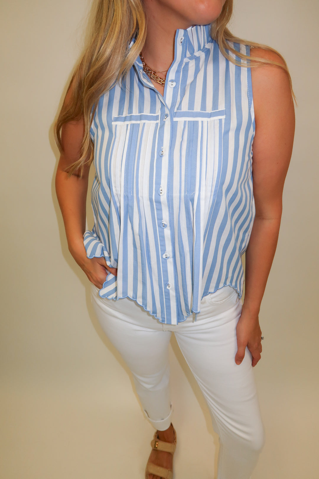 Fine Line Blue Stripe Scallop Top - The Pink Tulip Clothing