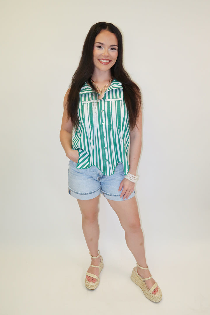 Fine Line Green Stripe Scallop Top - The Pink Tulip Clothing