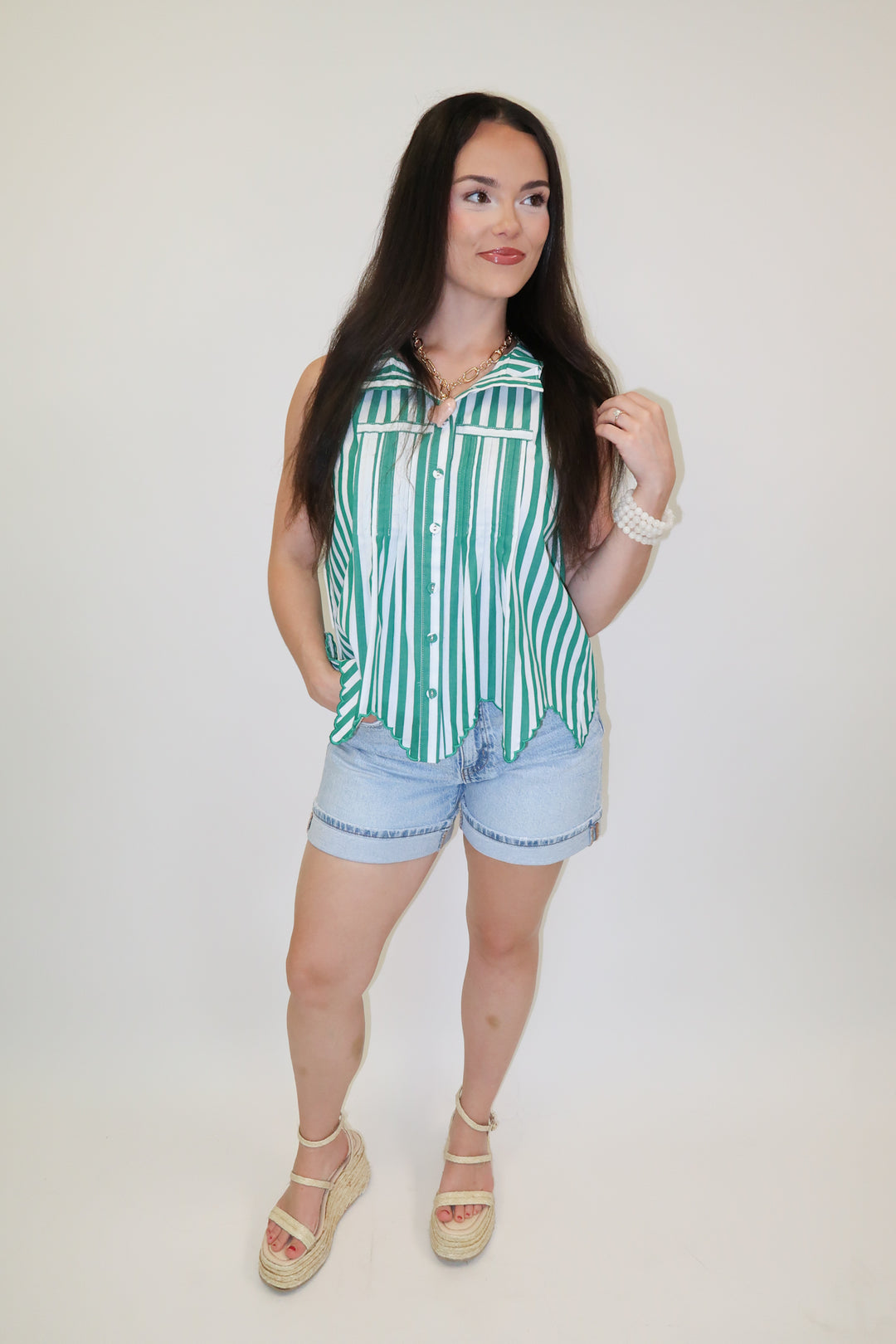 Fine Line Green Stripe Scallop Top - The Pink Tulip Clothing