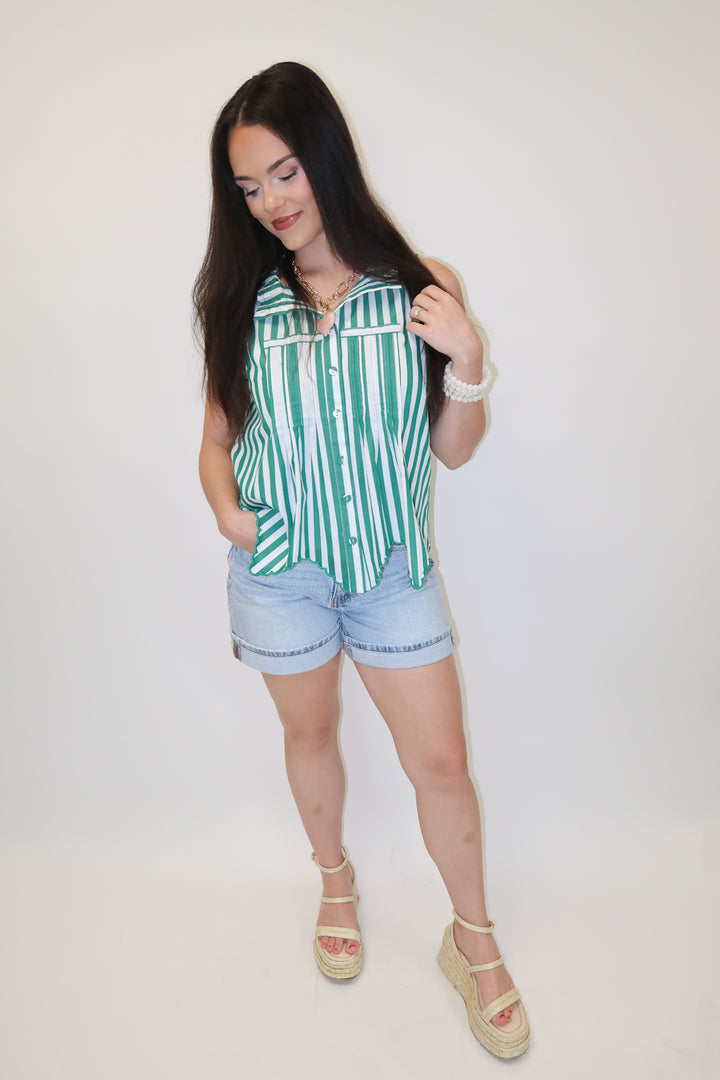 Fine Line Green Stripe Scallop Top - The Pink Tulip Clothing