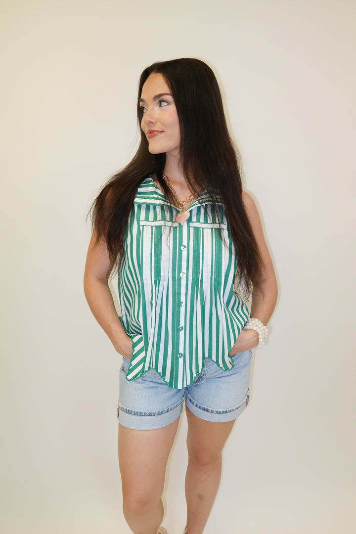 Fine Line Green Stripe Scallop Top - The Pink Tulip Clothing