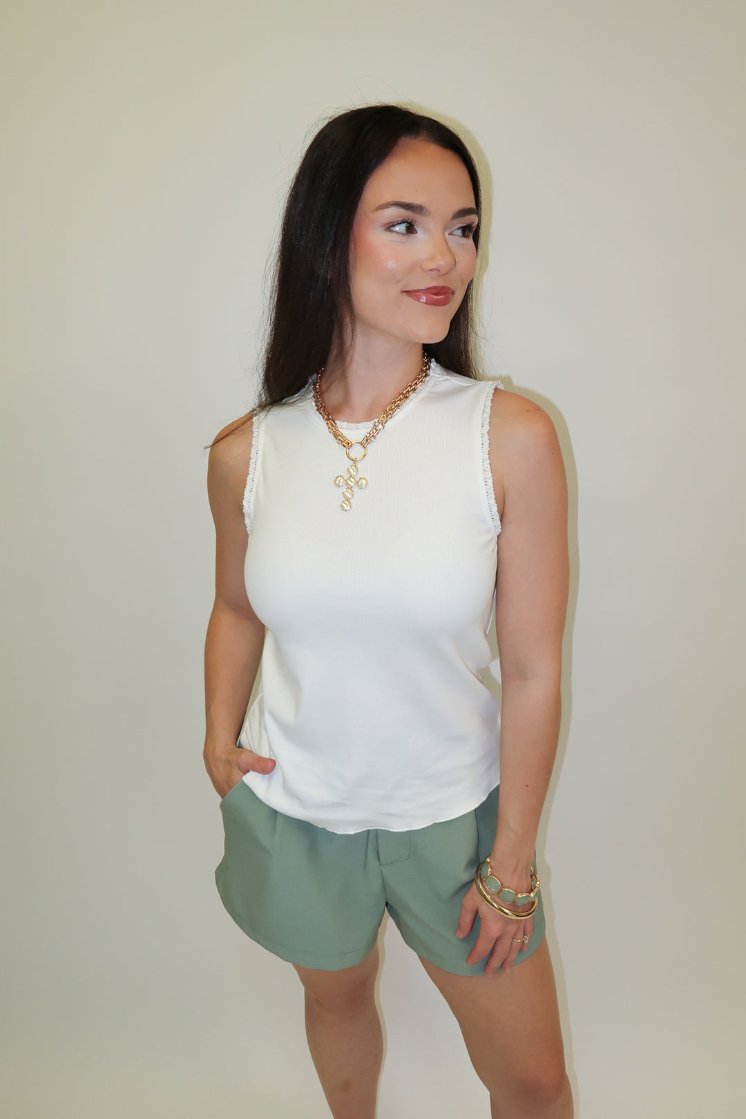 Close Call White Lace Trim Tank - The Pink Tulip Clothing