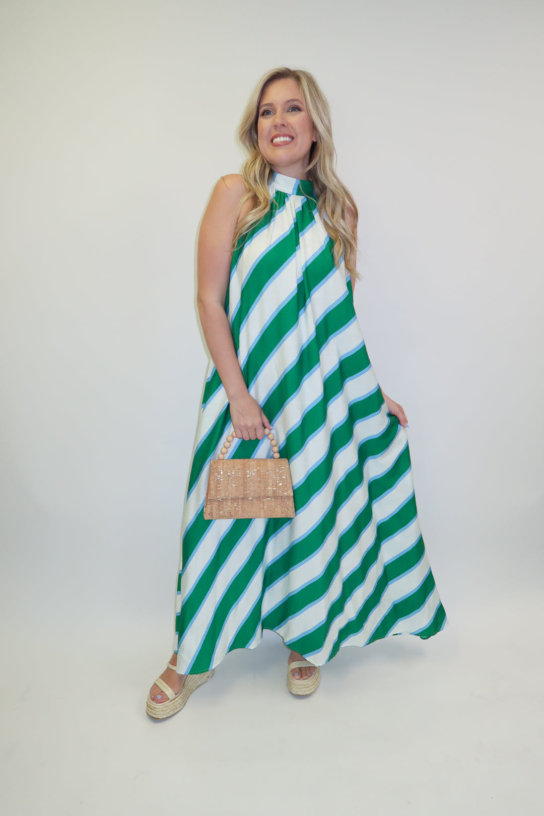 Angle Check Green Diagonal Stripe Halter Midi Dress - The Pink Tulip Clothing