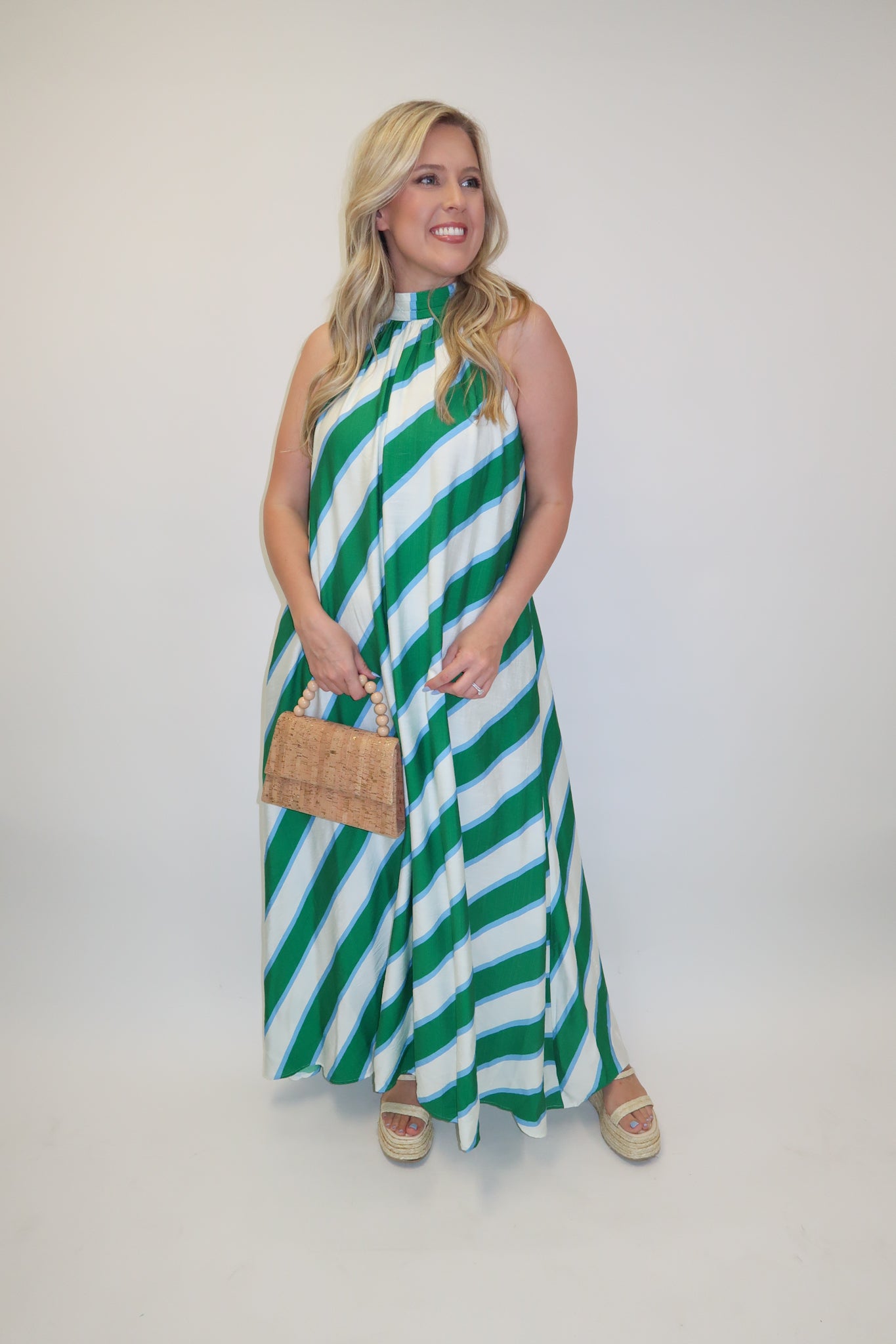 Angle Check Green Diagonal Stripe Halter Midi Dress Green / Large Angle Check Green Diagonal Stripe Halter Midi Dress Green / Large