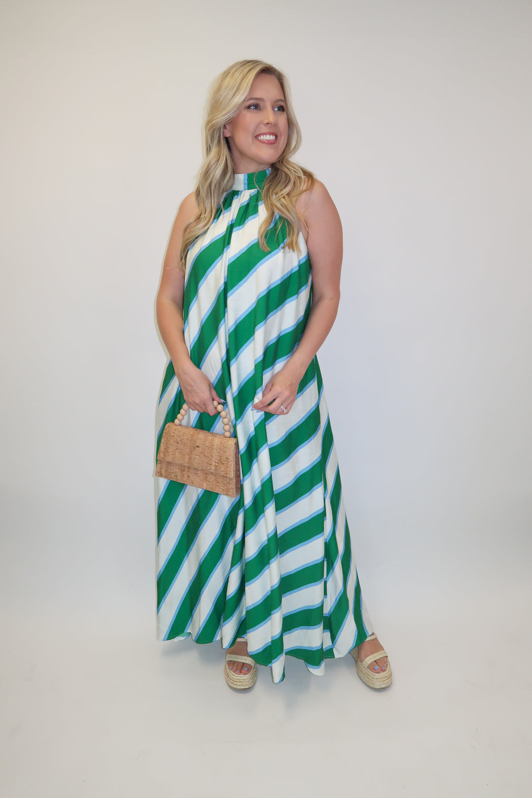 Angle Check Green Diagonal Stripe Halter Midi Dress - The Pink Tulip Clothing