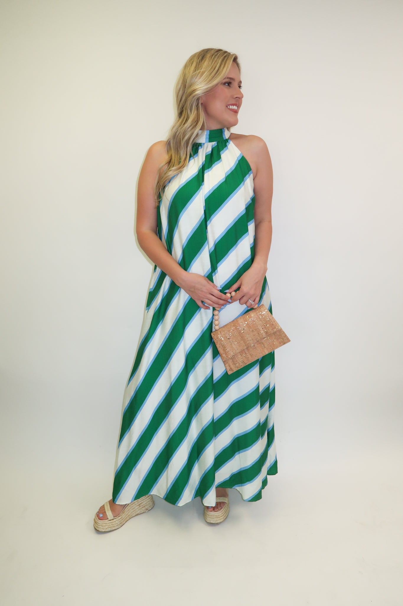 Angle Check Green Diagonal Stripe Halter Midi Dress Green / Large
