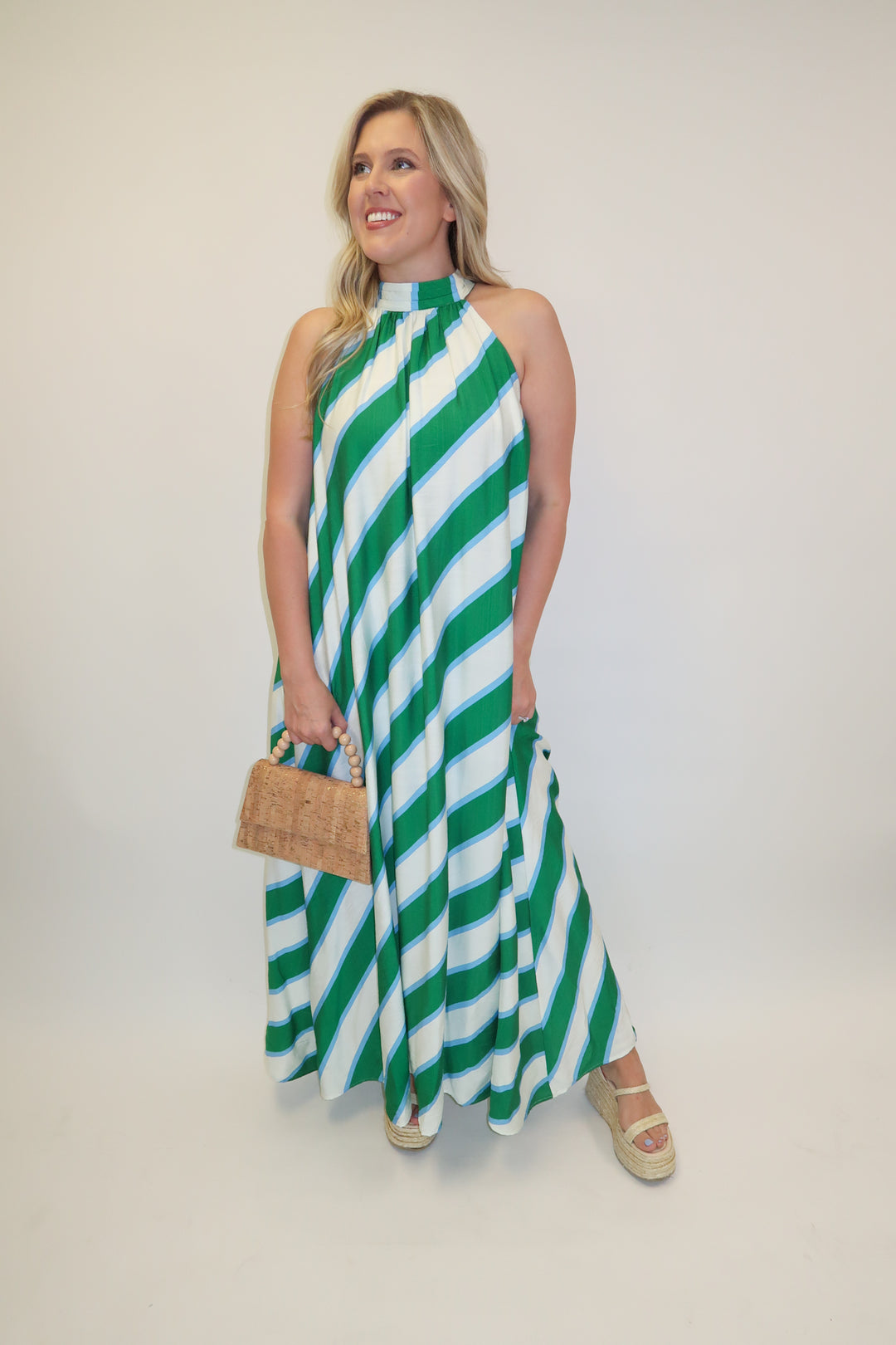 Angle Check Green Diagonal Stripe Halter Midi Dress - The Pink Tulip Clothing
