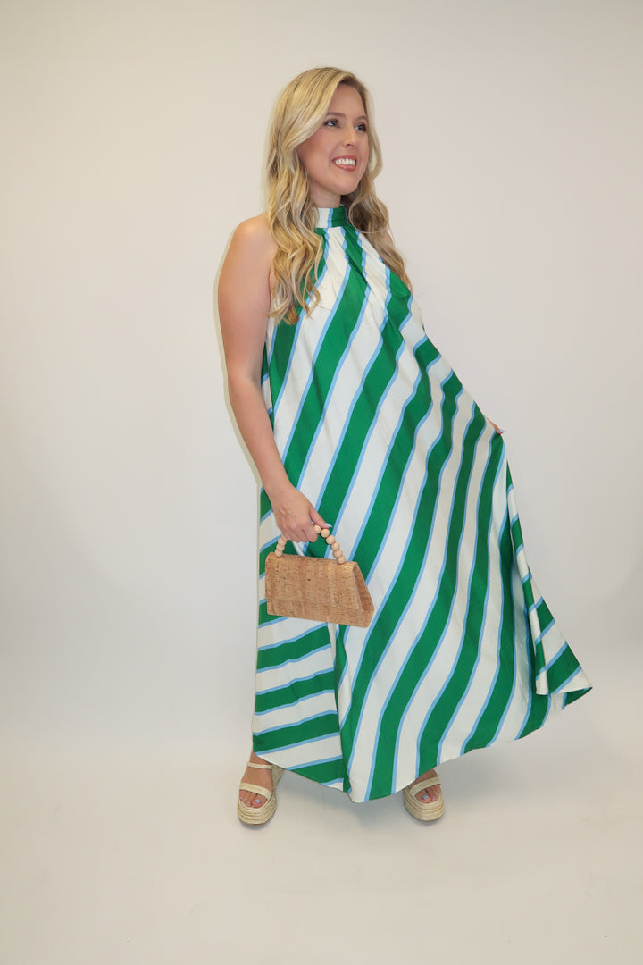 Angle Check Green Diagonal Stripe Halter Midi Dress - The Pink Tulip Clothing