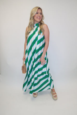 Angle Check Green Diagonal Stripe Halter Midi Dress Green / Large Angle Check Green Diagonal Stripe Halter Midi Dress Green / Large