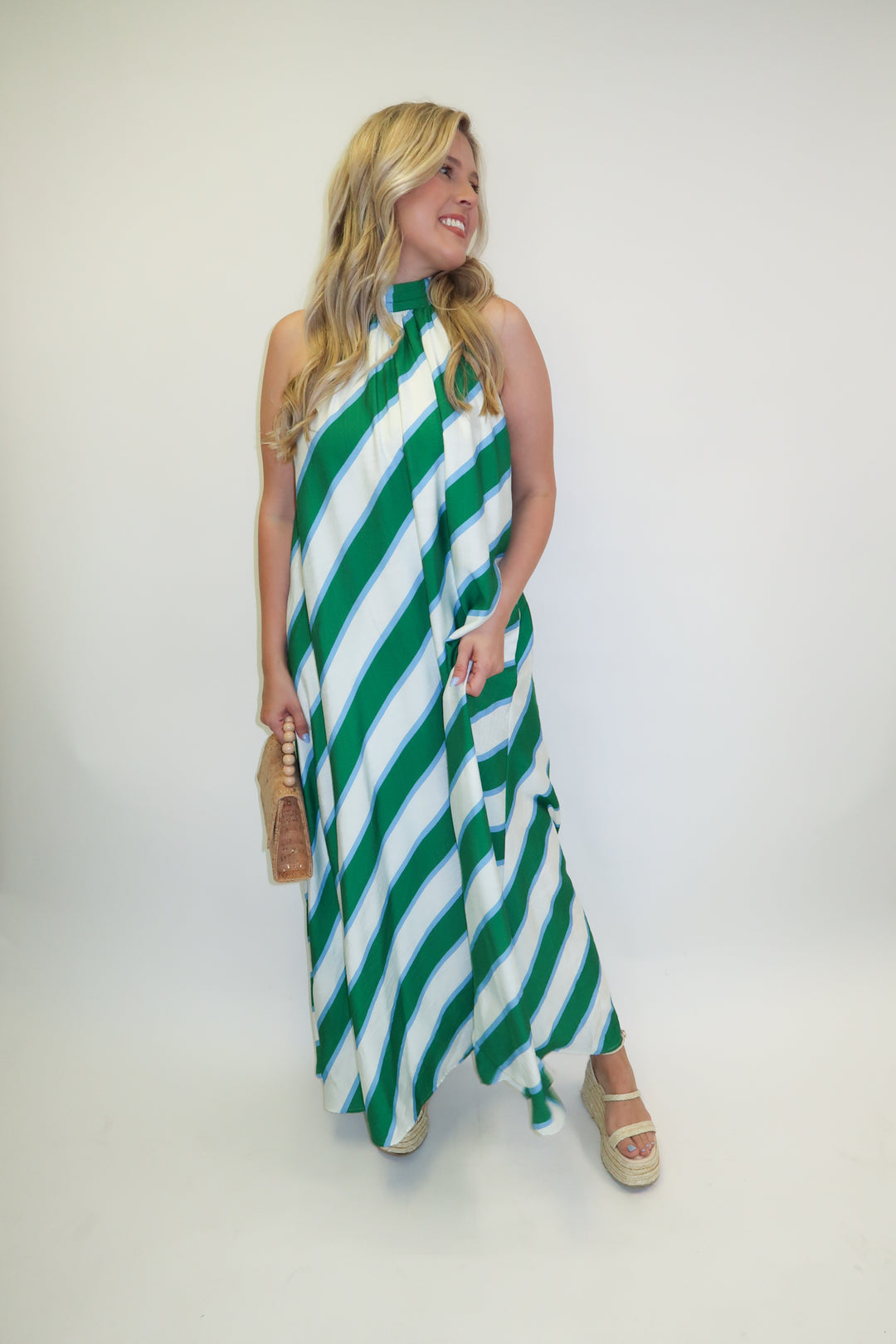 Angle Check Green Diagonal Stripe Halter Midi Dress - The Pink Tulip Clothing