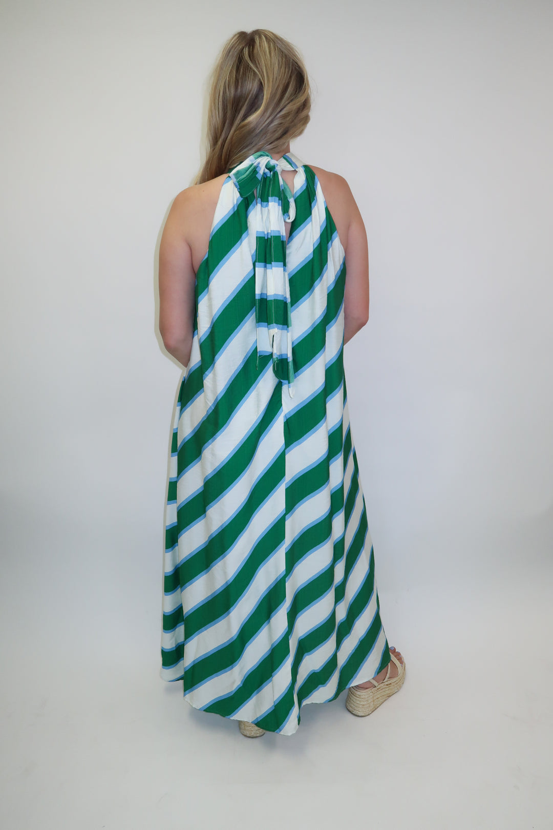 Angle Check Green Diagonal Stripe Halter Midi Dress - The Pink Tulip Clothing