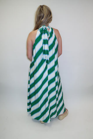 Angle Check Green Diagonal Stripe Halter Midi Dress - The Pink Tulip Clothing