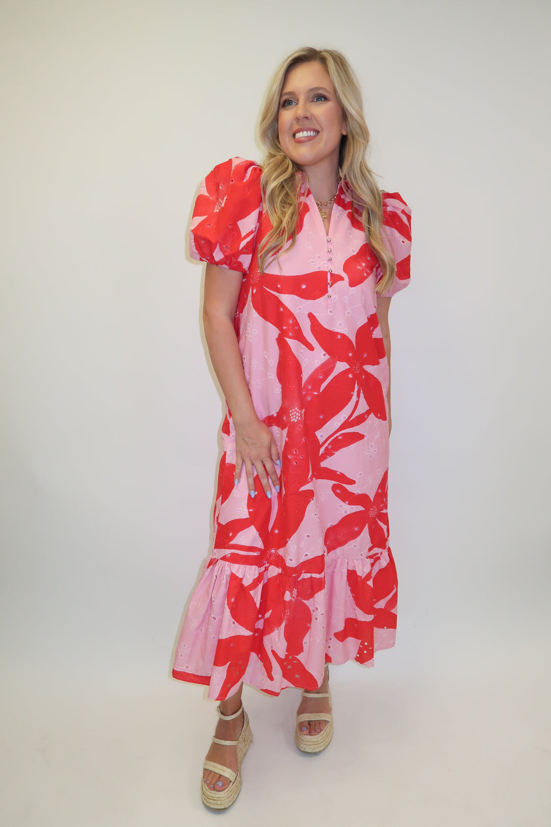 In Full Color Floral Ruffle Midi Dress - The Pink Tulip Clothing