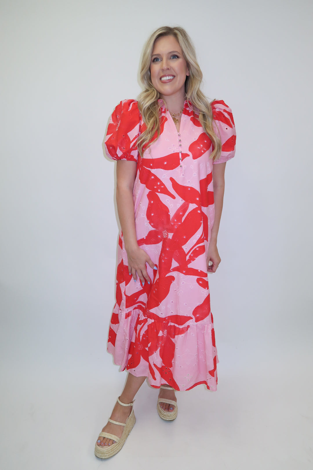 In Full Color Floral Ruffle Midi Dress - The Pink Tulip Clothing