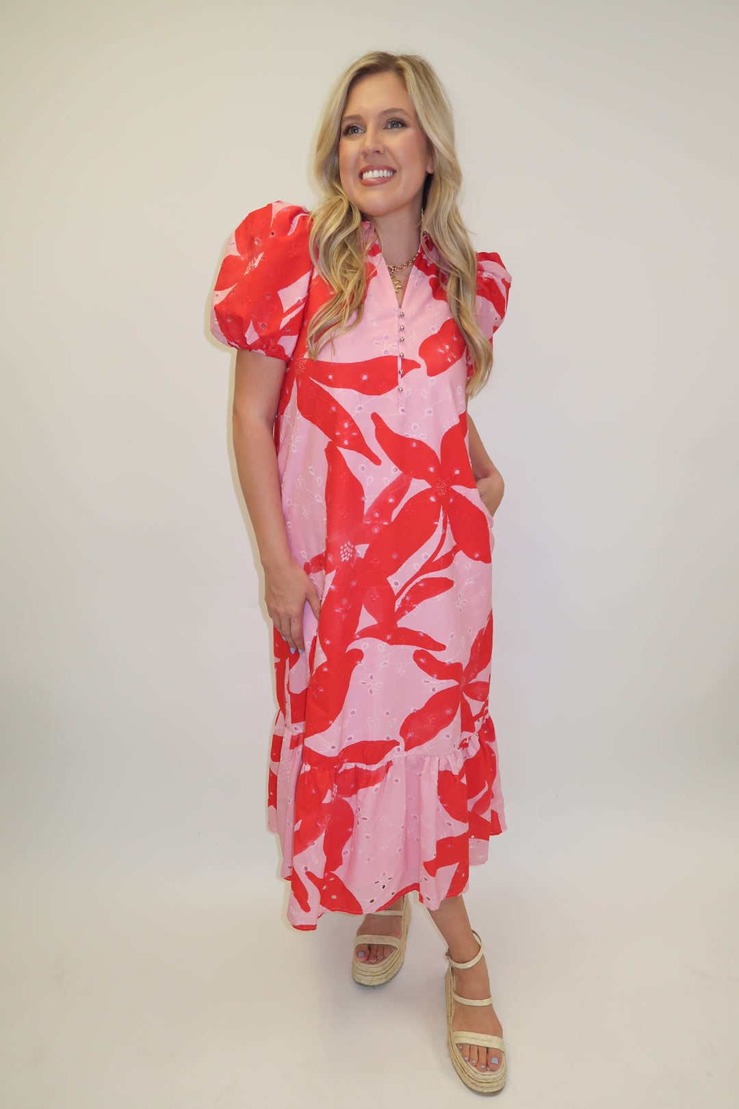 In Full Color Floral Ruffle Midi Dress - The Pink Tulip Clothing