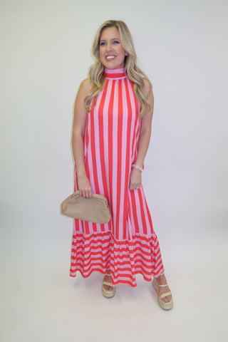 Split Second Two Tone Stripe Halter Midi Dress - The Pink Tulip Clothing