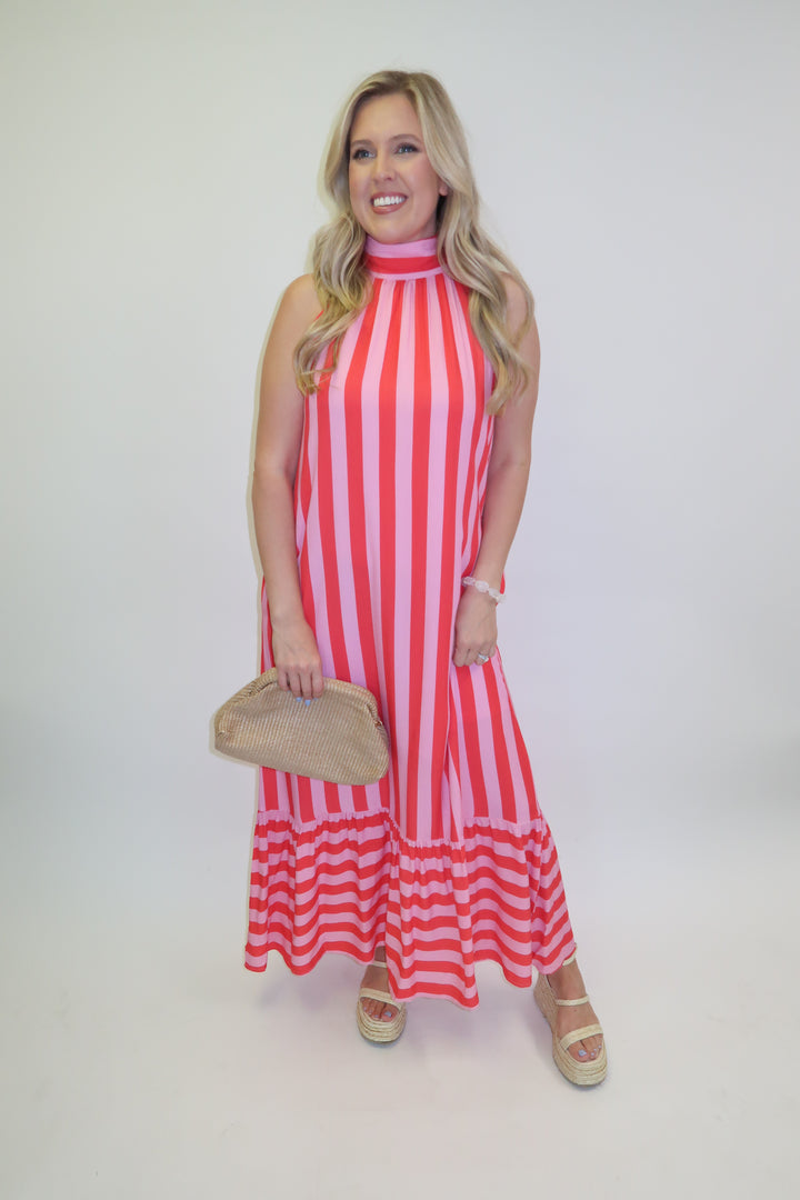 Split Second Two Tone Stripe Halter Midi Dress - The Pink Tulip Clothing