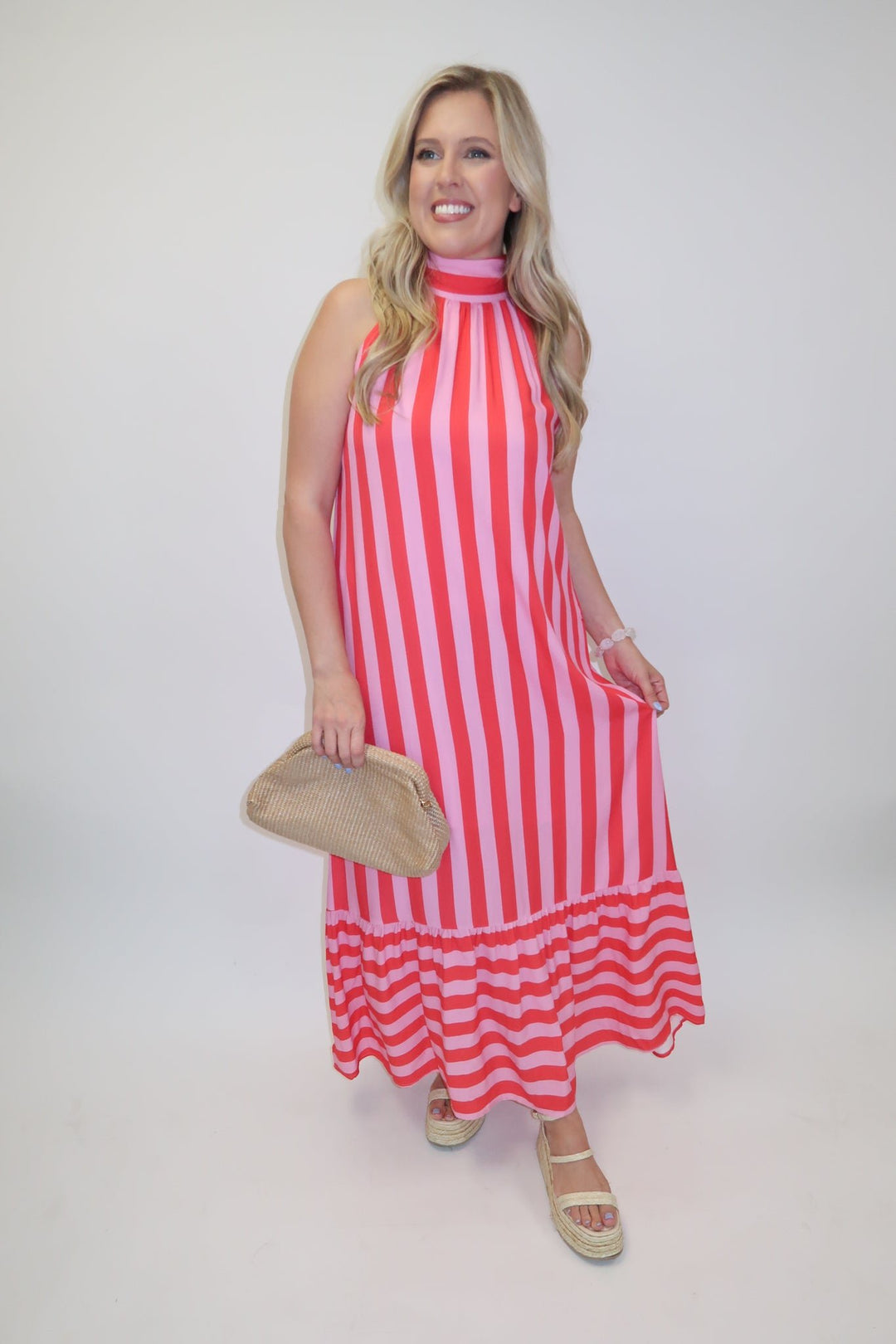 Split Second Two Tone Stripe Halter Midi Dress - The Pink Tulip Clothing