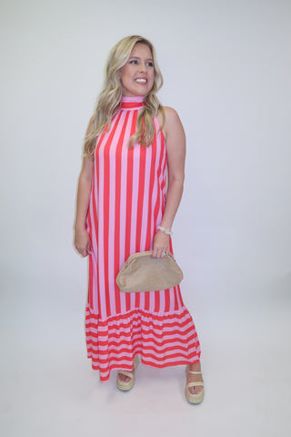 Split Second Two Tone Stripe Halter Midi Dress - The Pink Tulip Clothing