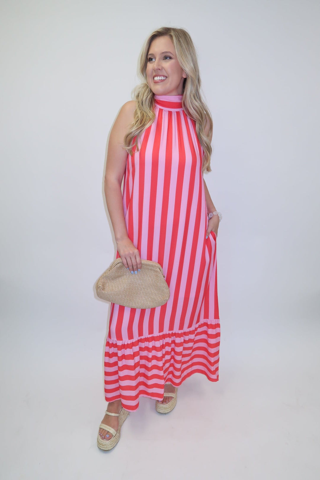 Split Second Two Tone Stripe Halter Midi Dress - The Pink Tulip Clothing