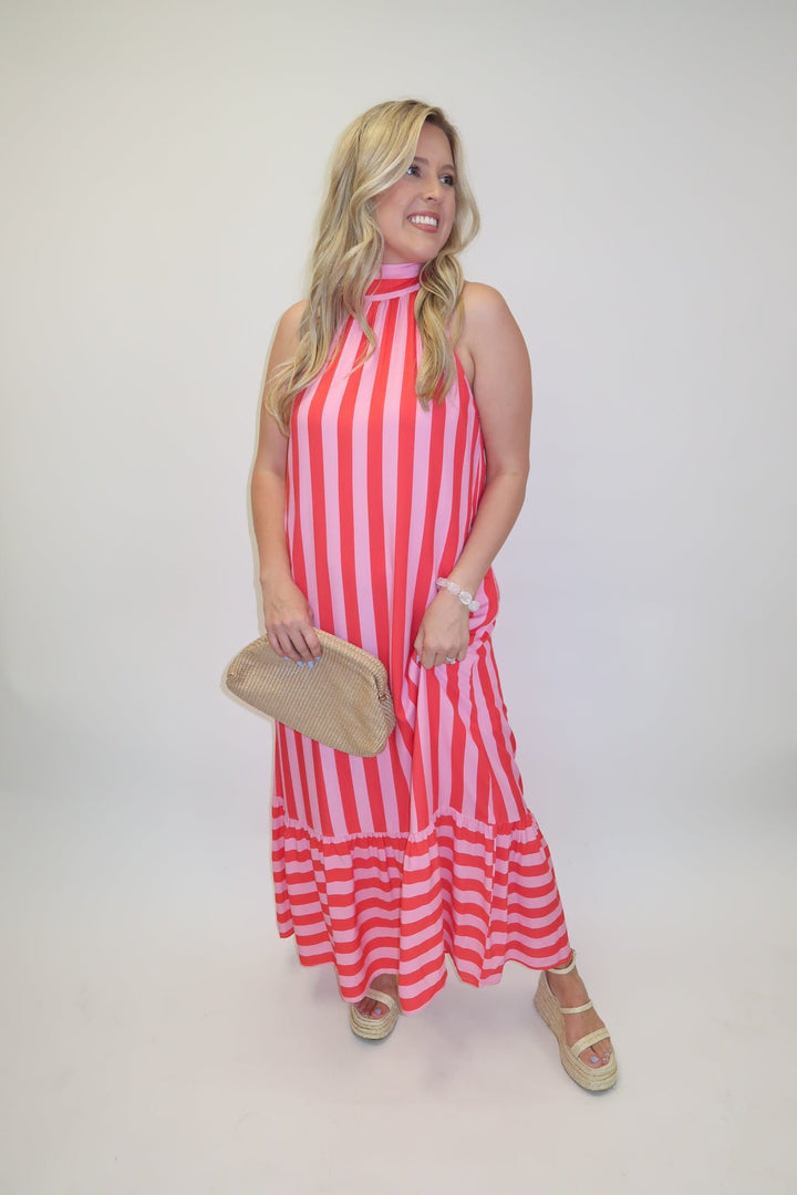 Split Second Two Tone Stripe Halter Midi Dress - The Pink Tulip Clothing