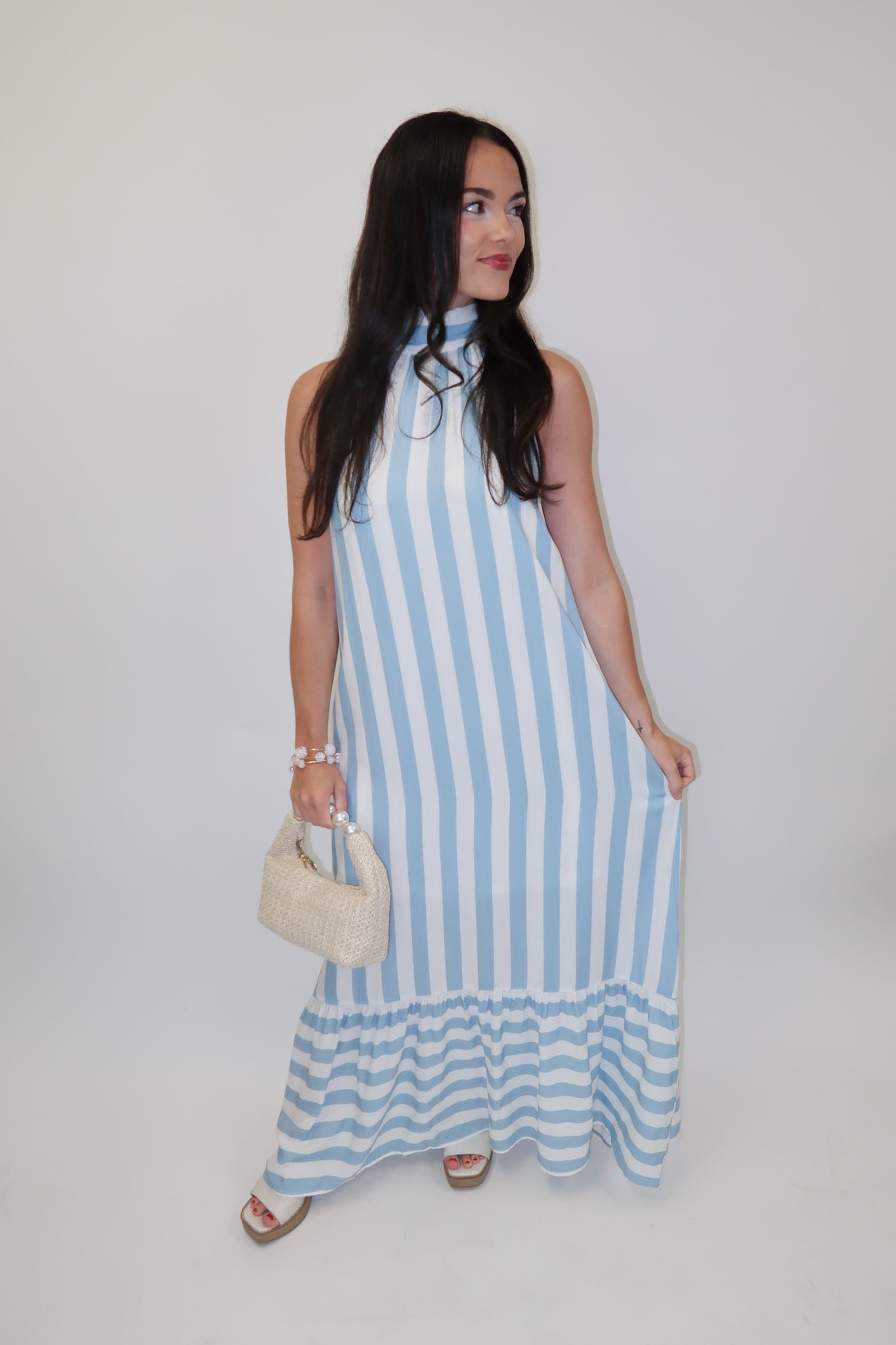 Split Second Two Tone Stripe Halter Midi Dress LTBLUE / Large
