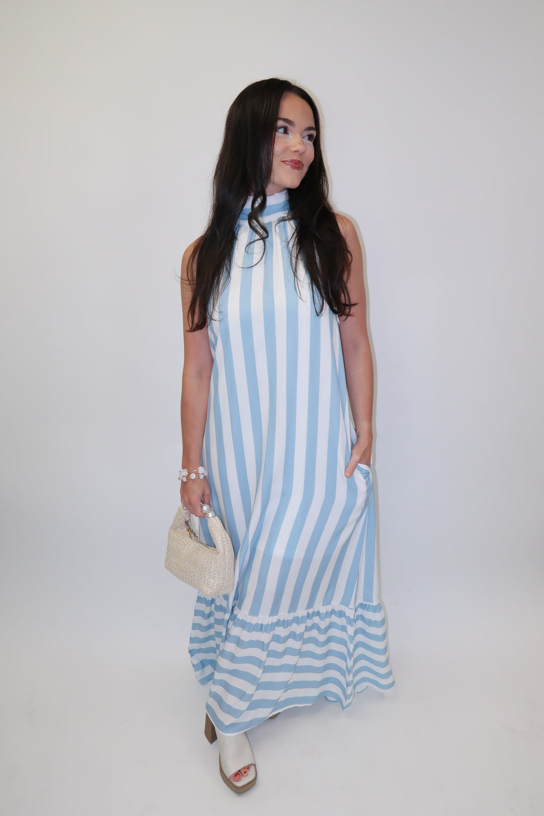 Split Second Two Tone Stripe Halter Midi Dress - The Pink Tulip Clothing