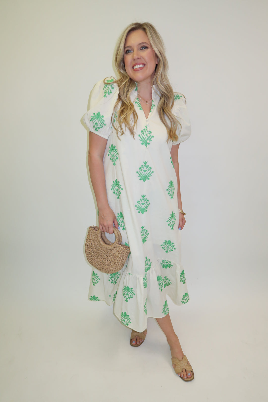 Soft Focus Embroidered Puff Sleeve Ruffle Midi Dress - The Pink Tulip Clothing