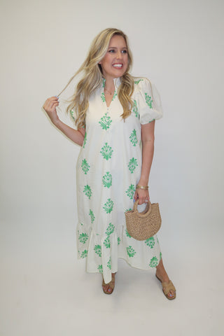 Soft Focus Embroidered Puff Sleeve Ruffle Midi Dress - The Pink Tulip Clothing