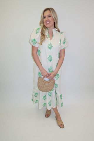 Soft Focus Embroidered Puff Sleeve Ruffle Midi Dress - The Pink Tulip Clothing