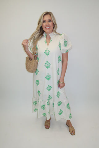 Soft Focus Embroidered Puff Sleeve Ruffle Midi Dress - The Pink Tulip Clothing